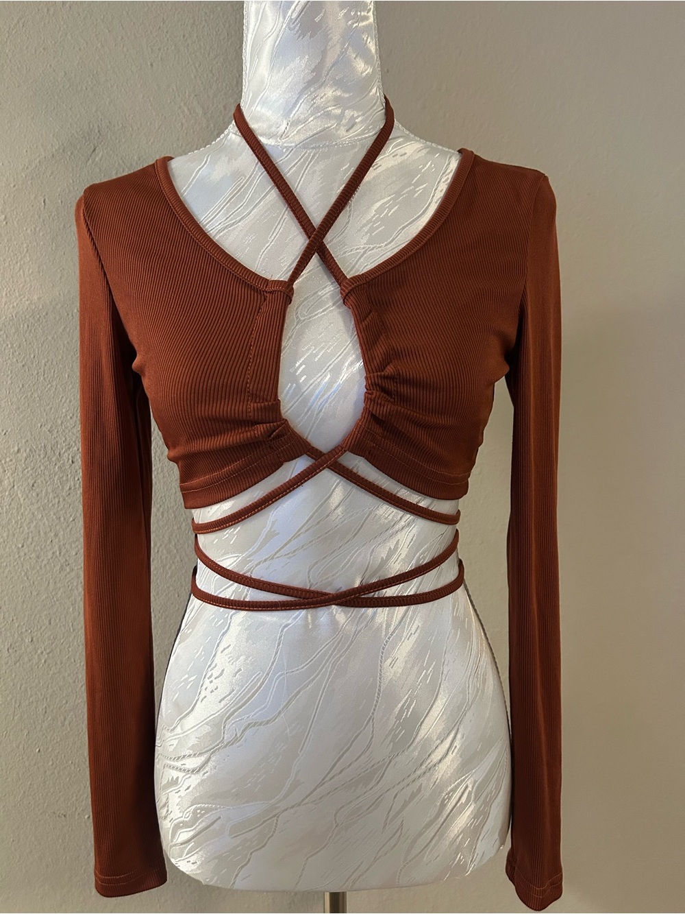 SHEIN Rust Long-Sleeve Ribbed Wrap Crop Top